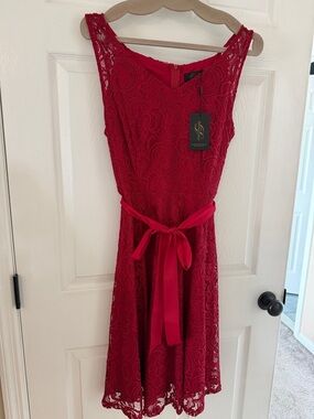 NWT New Lace Fit & Flare Red Dress with Sash Lace Detail Sexy Sleeveless A-line